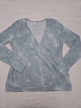 Sonoma Dusty Blue Tie-Dye Ribbed V-Neck Wrap Sweater